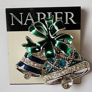 Napier Vintage‎ Christmas Bell Enamel Rhinestone Brooch